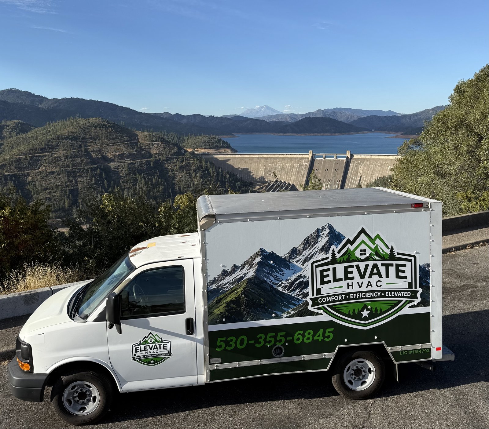 Elevate HVAC service truck near Shasta Dam